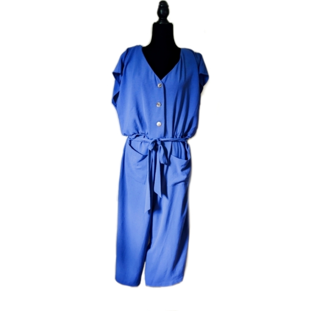 Connected Apparel Blue Short Sleeve Button Down Jumpsuit Women's Size 16